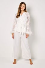 3 Pieces Satin and Lace Long Pyjama and Robe Set with Feathered Sleeves product image 1