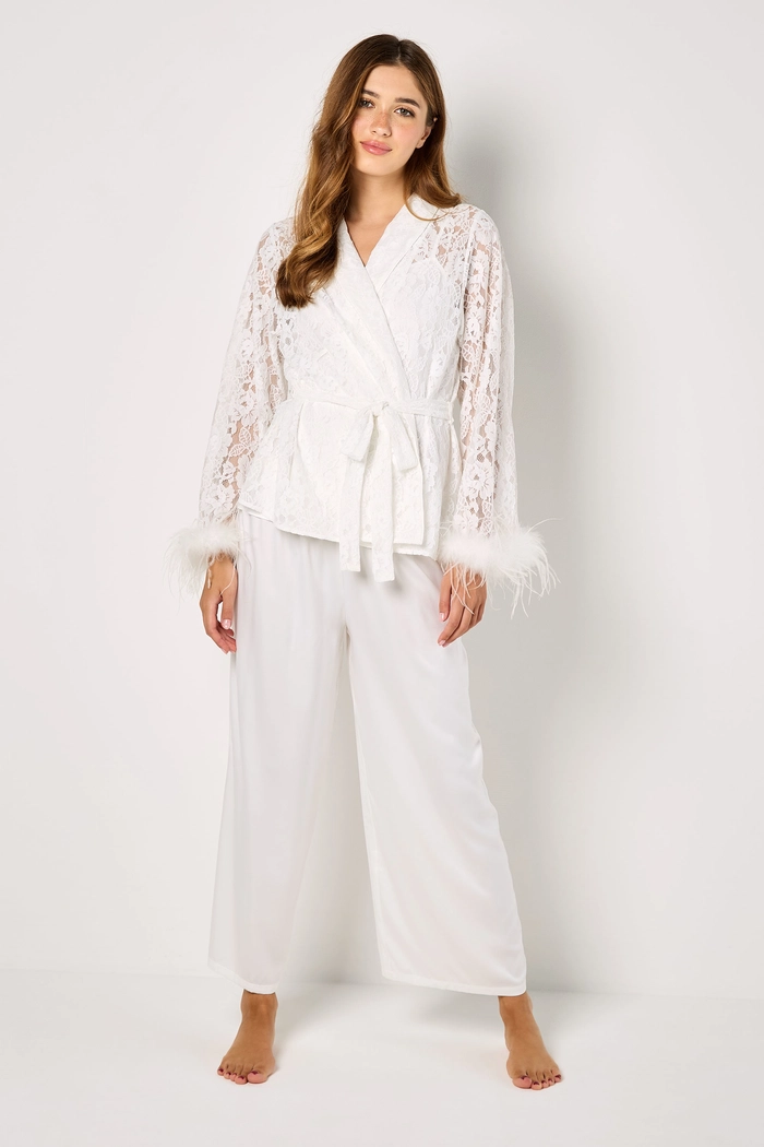 3 Pieces Satin and Lace Long Pyjama and Robe Set with Feathered Sleeves product image 1