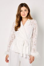 3 Pieces Satin and Lace Long Pyjama and Robe Set with Feathered Sleeves product image 3