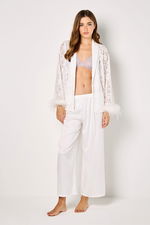 3 Pieces Satin and Lace Long Pyjama and Robe Set with Feathered Sleeves product image 7