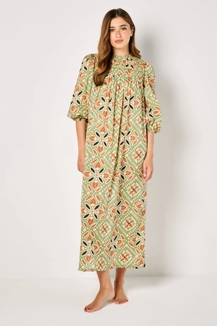 Long Printed Dress with Smocking on Chest product image