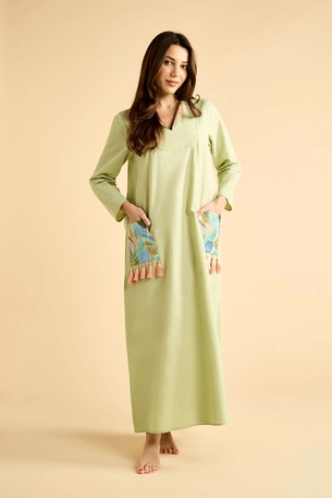 Wide-Cut Kaftan with Printed Pockets and Tassels product image