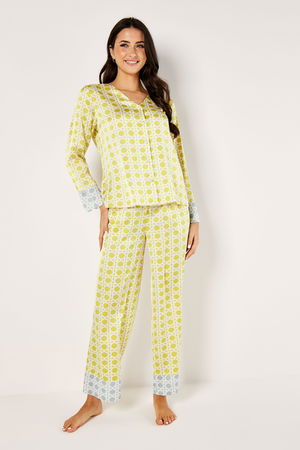 Printed Satin Pyjama Set with Color Blocking Details product image